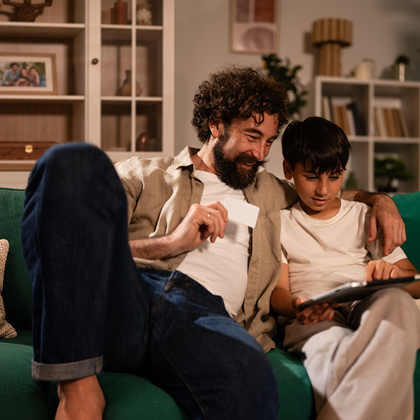 father and son shopping online