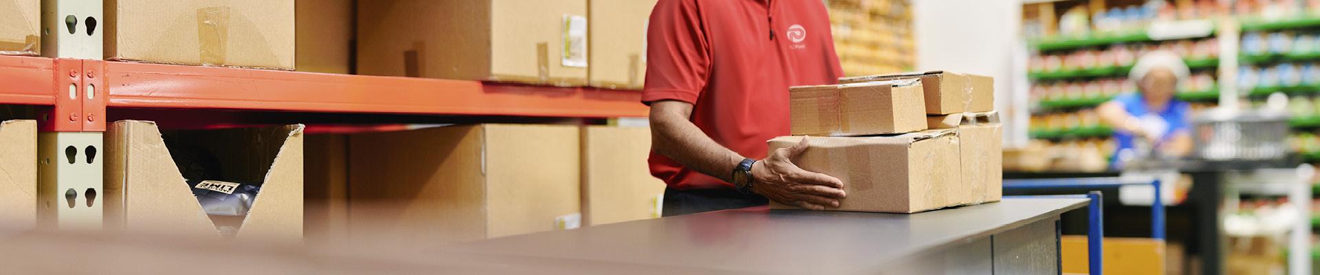 Person holding parcels on a counter