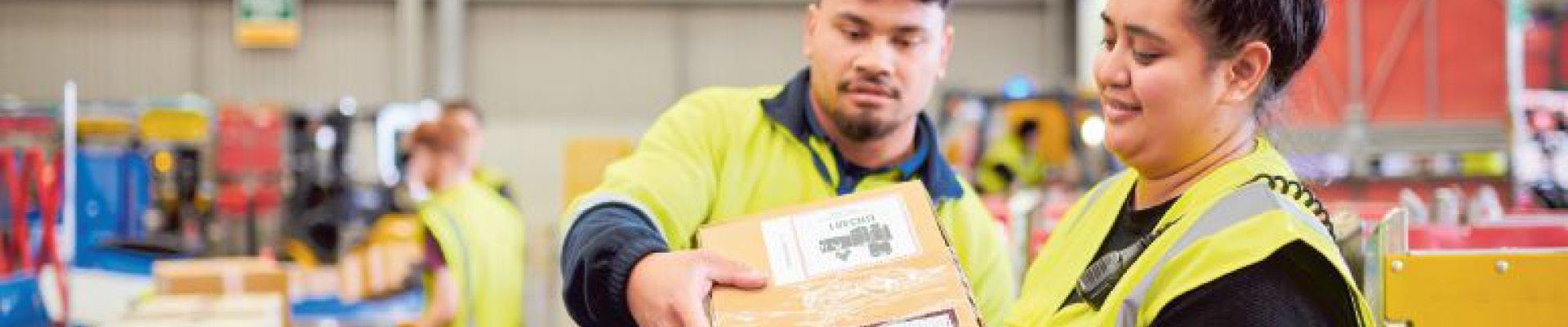 Man and women in hi-viz handling parcels